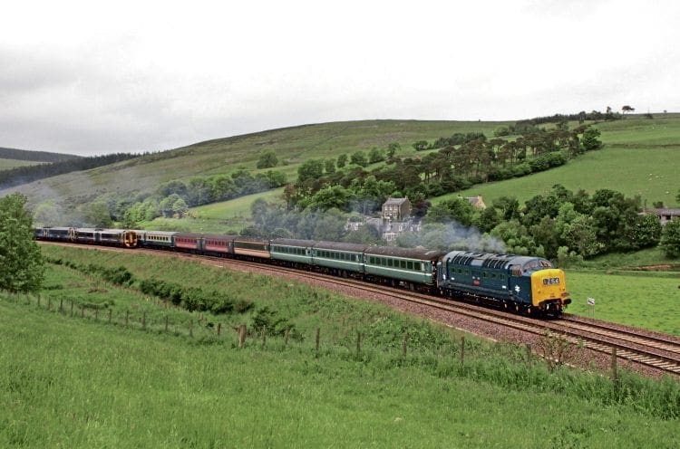 Running well thanks to Bethany and the rest of DPS team, No. D9009 Alycidon passes an Edinburgh-bound DMU in the dynamic loop approaching Stow on the Borders Railway with Pathfinders’ 1Z54 Derby to Tweedbank ‘Deltic Borderer II’ on June 18. Sean White