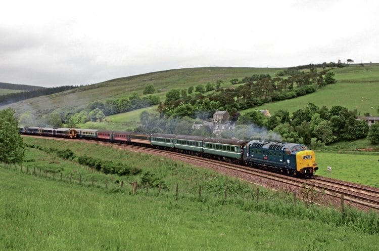 Running well thanks to Bethany and the rest of DPS team, No. D9009 Alycidon passes an Edinburgh-bound DMU in the dynamic loop approaching Stow on the Borders Railway with Pathfinders’ 1Z54 Derby to Tweedbank ‘Deltic Borderer II’ on June 18. Sean White 