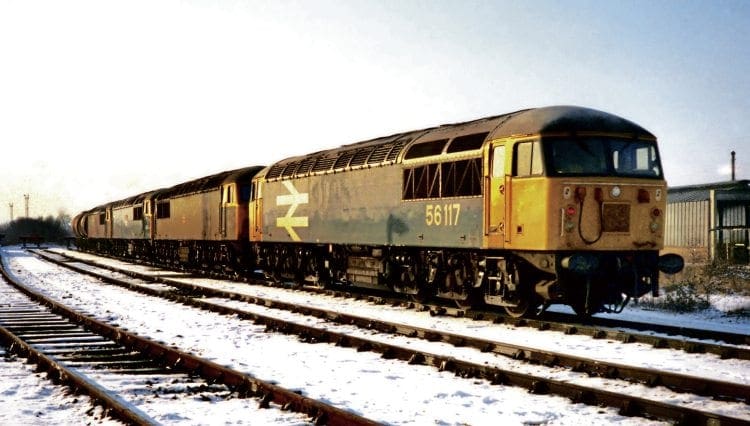 In early 1985, a number of Eastern Region ‘56s’ were sent to work out of Westbury. They were short of work due to the ongoing miners’ strike, so it was decided to make better use of them elsewhere. In this view on January 9 that year, Tinsley based No. 56117 is stabled on Westbury depot with more local members of the class Nos. 56033/031/056 behind. All pictures by the author
