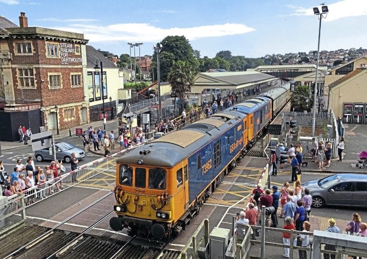 The rare sight of electro-diesels working a passenger train in Devon – GBRf’s Nos. 73962 and 73963 depart Paignton on July 16 with the return leg of UK Railtours’ ‘Herd Of Wildebeeste’ charter to Waterloo. Photo taken on an iPhone 6. Robert Sherwood