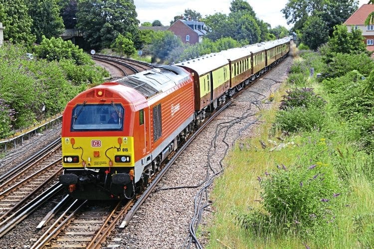One of the ever-decreasing number of duties for DB Cargo’s Class 67s is hauling the British Pullman. Nos. 67015 and 67018 were thus employed on July 29 top-and-tailing an empty stock move from Chichester to Eastleigh at Havant. The train’s passengers had disembarked at Chichester for the Glorious Goodwood racing event. Steve Stubbs