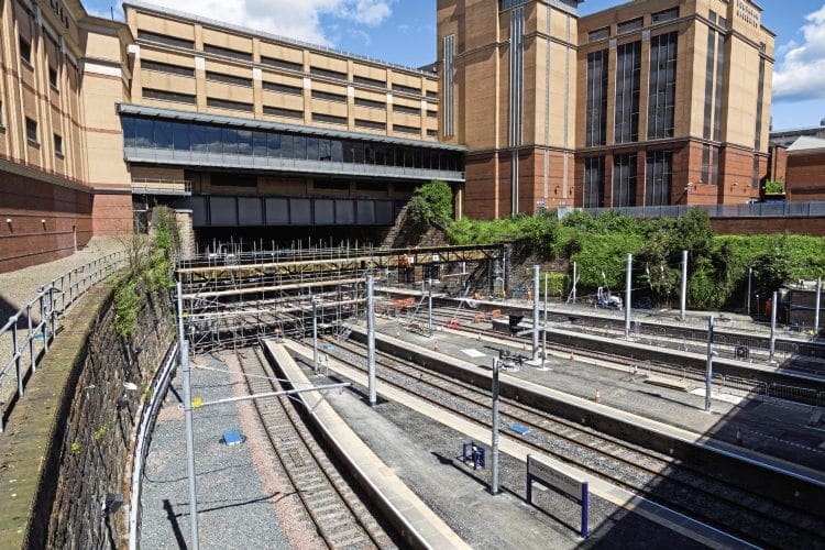 The 20 week closure of Glasgow Queen Street was competed on August 7 when services began using the terminus again for the first time since March 20. During the closure the platforms have been extended to accommodate longer trains and the approach tunnel has been refurbished. New tracks have been laid and all lines electrified as part of the Edinburgh-Glasgow Improvement Programme. This is a view on July 29 as new signalling was being installed. Jonathan McGurk 