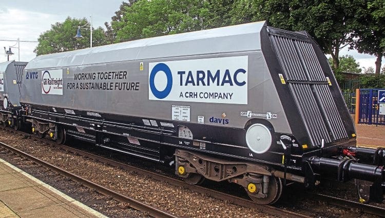 GB Railfreight wagons are usually very well turned out, but the bodyside of ‘shorty’ HYA No. 371064 – pictured at Shirebook on July 22 – is covered in a mish-mash of different vinyls, including GBRf and Tarmac brandings looking rather awkward on stark white backgrounds. Of particular interest is the use of the Davis logo near the handwheel. The number of hopper bays has been reduced from three to two. Derek Wilson