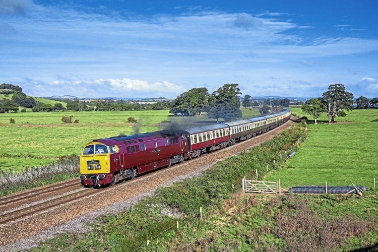 Looking great on home ground, the DTG’s No. D1015 Western Champion, masquerading as scrapped classmate No. D1071 Western Renown, passes Powderham, Devon, on September 17, with Pathfinder’s 05.07 Tame Bridge Parkway to Penzance. Ron Westwater 