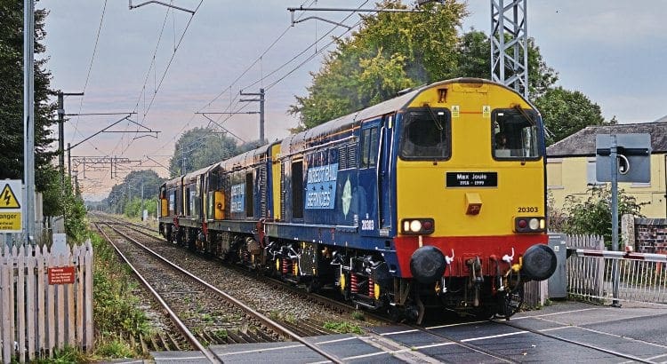 Direct Rail Services Type 1 No. 20303 Max Joule leads classmates Nos. 20305, 20308 and 20312 from Crewe Gresty Bridge to Barrow Hill on September 27, the newly reinstated quartet being seen passing Alsager (Cheshire). Elliott Farrell 