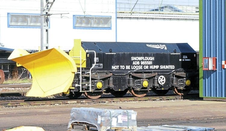 Beilhack snowplough No. ADB965581 stands at Crewe Gresty Bridge on March 11, 2014, its drawgear end obscured by the depot building. This was one of the six converted from Class 40 bogies back in the mid-1980s. Simon Bendall