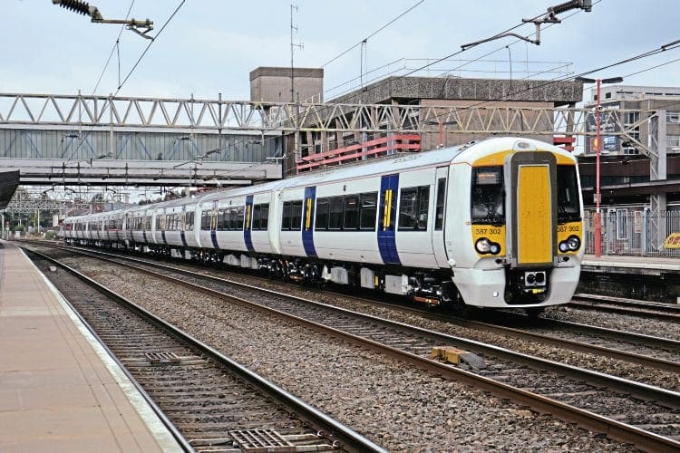 Prior to delivery to c2c, brand new ‘Electrostars’ Nos. 387302+387301 pass through Stafford on a 5A55 Crewe to Wembley commissioning run on October 14. Brad Joyce 