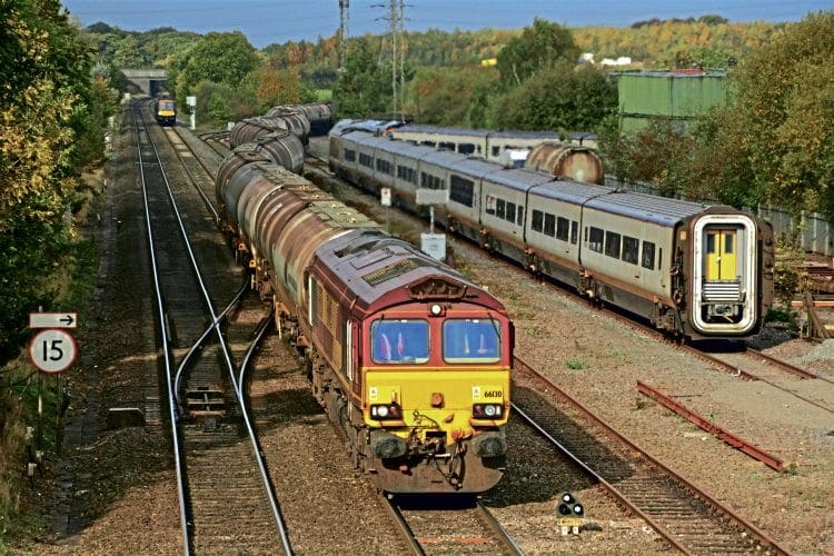 EUROSTAR GOES FOR SCRAP: Controversial to some, as being just over 20 years old, the first Class 373 Eurostar set has been sent for scrap at EMR Kingsbury, near Tamworth in Staffordshire. Having lain unused at Temple Mills for some weeks, Nos. 3005+3006 departed behind GBRf's No. 66704 as the 6X73/23.40 St Pancras International to Kingsbury late on October 26, travelling via Peterborough, Leicester and Tamworth High Level and arriving the following morning. The set is pictured being shunted into the EMR yard on the afternoon of the 27th as No. 66130 reverses loaded oil tanks from Lindsey Oil Refinery into the Kingsbury terminal. Chris Beaumont 