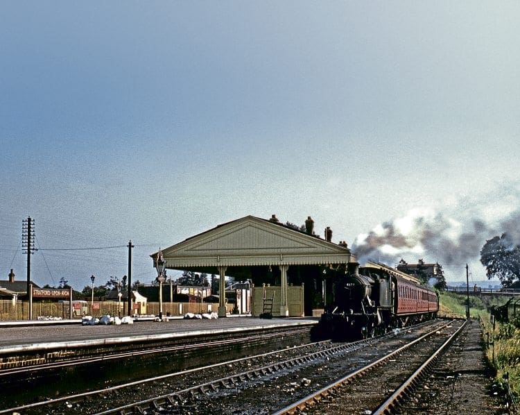 GWR Prairie No. 4172 sits in platform 4 at Stratford-upon-Avon on June 15, 1957. Today, the line has buffer stops in the vicinity of the loco at the far end of the train. COLOUR RAIL