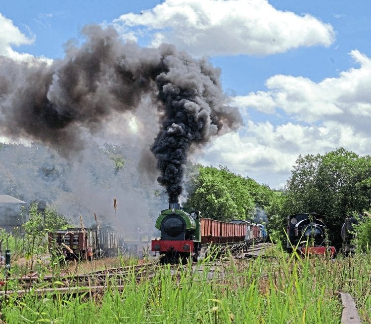 Running in the guise of long-lost classmate Hurricane, Hunslet ‘Austerity’ Whiston begins its climb away from Foxfield Colliery on July 17. MIKE TAYLOR