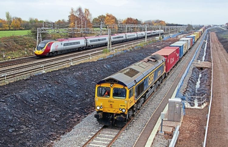 GBRf No. 66743 runs over the Nuneaton North Chord on November 14, 2012, with a Felixstowe to Trafford Park intermodal train, just after the line's formal opening. CHRIS MILNER 