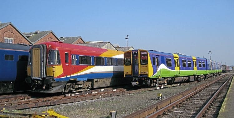 Class 442 No. 2415 and Class 508 No. 508301 at Eastleigh Works during their period in warm store in April 2009. The 442 unit had been stood down by SWT, the 508 by Silverlink. CHRIS MILNER 