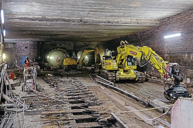 A rare view of Glasgow’s Subway underground at the point between Govan and Ibrox stations, where the connection leads off left to the Broomloan Road depot. This picture, taken on July 4, shows work getting underway to replace track and pointwork. JONATHAN MCGURK 