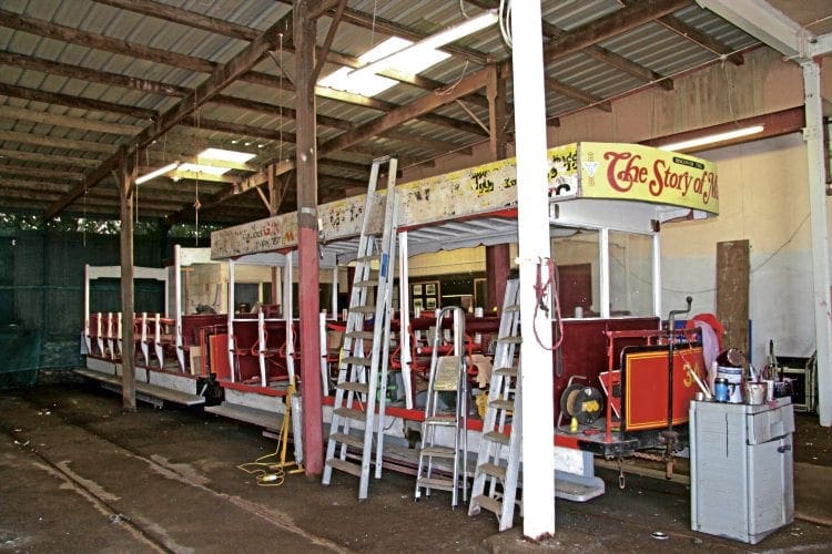 Pictured inside Strathallan Depot on July 29 are two of the Douglas Bay Horse Tramway vehicles currently out of use (nearest camera is 1896-built Bulkhead Toast Rack No. 34) sold at auction on August 27. CLIFF THOMAS