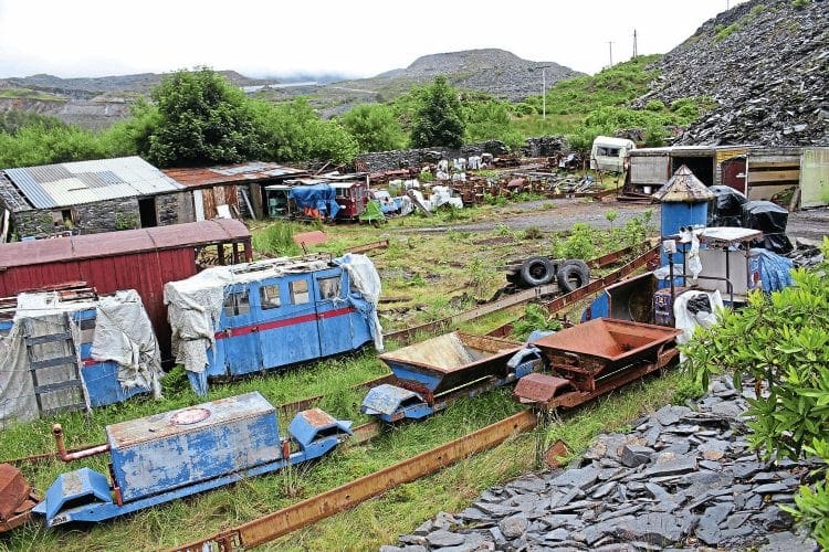 The Blaenau site on July 25 showing part of the unconventional collection accumulated by Rich Morris. In the foreground is a monorail trailer adapted to carry a water tank. PETER NICHOLSON
