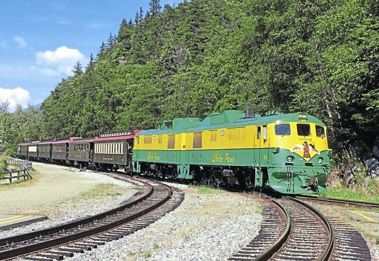 The WP&YR dieselised between 1954 and 1966, buying 11 GE-built Alco 6-251A-engined ‘Shovelnose’ locos. They remain in service, albeit re-engined in 2009-2011, with Cummins QSK45L engines. The ‘Shovelnose’ design was exported widely in the 1950s and some locos remain in use in limited numbers with original Alco engines in Chile , Uruguay and Thailand. WP&YR ‘Shovelnoses’ 93+92, both delivered by GE in December 1956, take the Railroad Dock/Long Siding route at Skagway Junction on July 11, having returned from the White Pass Summit. ANDREW GARRETT