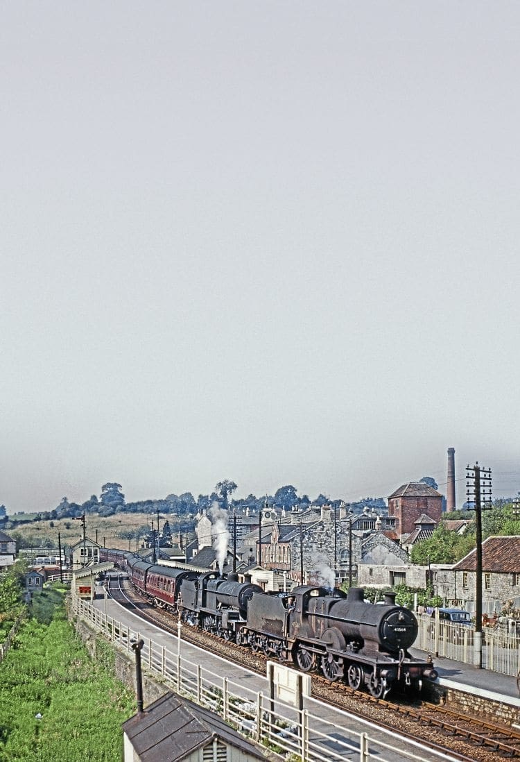 Negotiating the ‘S’ bend through Radstock North on September 2, 1961 are ‘2P’ 4-4-0 No. 40564 and ‘7F’ 2-8-0 No. 53810 with a Saturdays-only Bournemouth to Sheffield train. DAVE COBBE COLLECTION/RAIL PHOTOPRINTS 