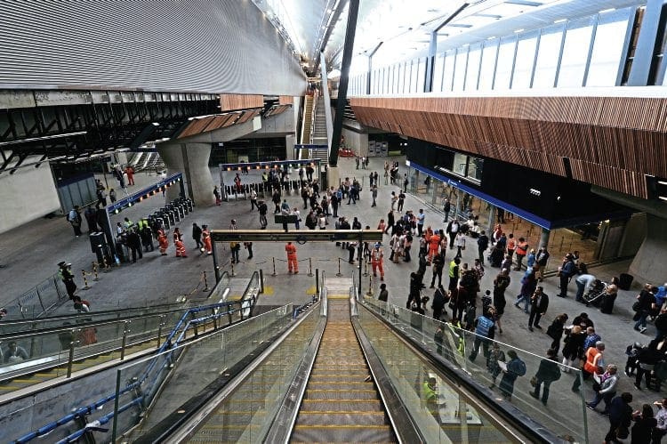 Volunteers from Network Rail, Southern, Southeastern and the Department for Transport took part in a special London Bridge Challenge to test the station’s new concourse, platforms and facilities ahead of the August 29 opening. This view was taken from the top of one of the escalators. NETWORK RAIL 