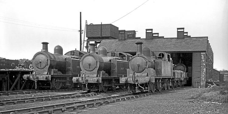 Three former LD&ECR tank locos at Tuxford shed, comprising two LNER class ‘M1’ 0-6-4Ts and 0-4-4T No. 1152B, which became LNER class ‘G3’. W H WHITWORTH/RAIL ARCHIVE STEPHENSON