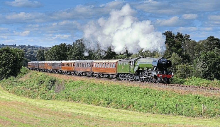 Sir Nigel Gresley would have been proud: ‘A3’ No. 60103 Flying Scotsman approaches Foley Park tunnel on September 23 with a train of nine teak carriages in tow. SIMON WEBB