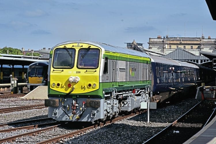 With train guard Noel Enright giving the green flag from the first coach, an immaculate No. 226 makes a prompt departure from Dublin Heuston with the ‘Grand Hibernian’ on August 30. NEIL DINNEN 