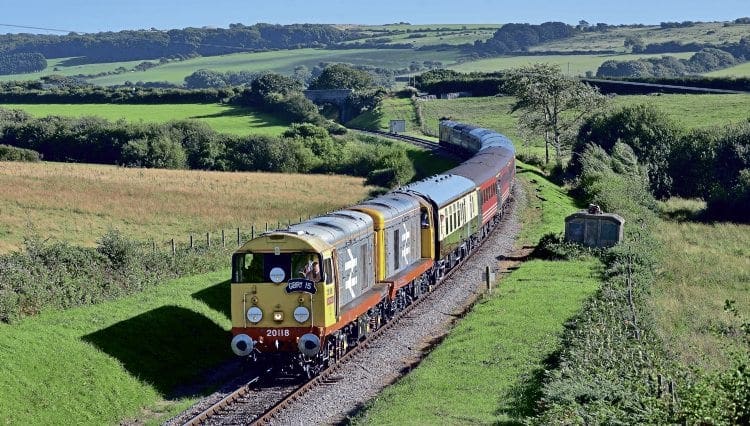 On the Swanage branch, Nos. 20118 and 20132 lead ‘GBRf 15’ to King’s Cross on September 8. STEPHEN GINN 