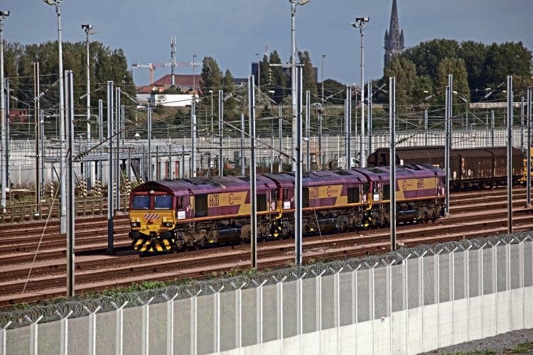 Right: New to Europe, Class 66 Nos. 66213, 66201 and 66193 sit in Calais Frethun Yard on October 17 with Euro Cargo Rail branding. ANTHONY SAYER