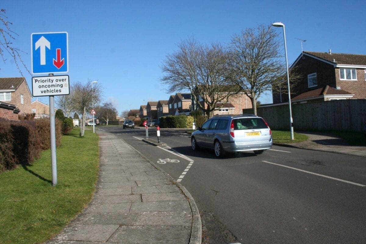 One-way pinch point makes priorities clear...but don't be tempted by that cycle lane