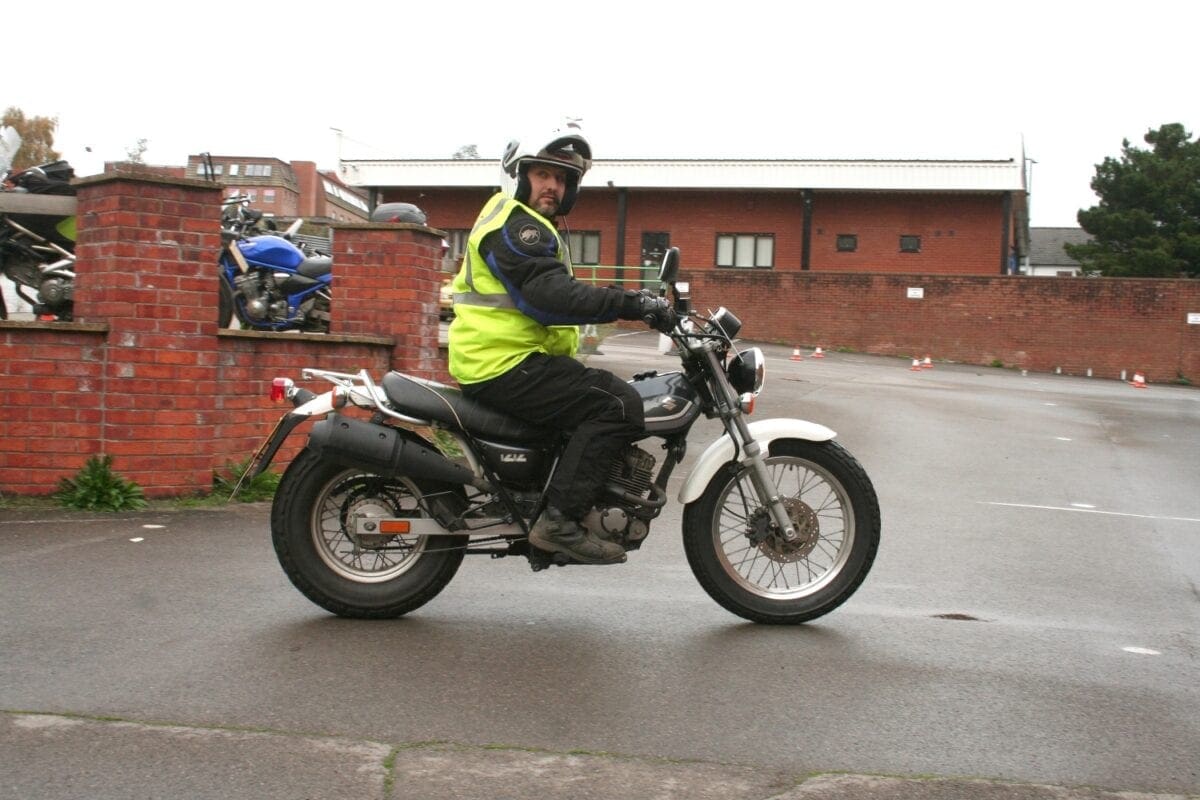 Just about to make a right turn, and looking to where he wants to be